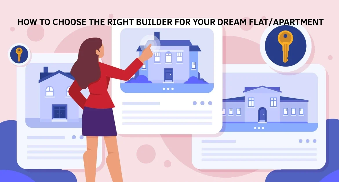 llustration of a woman evaluating property listings on a digital screen, selecting a house among multiple options, representing the process of choosing a reliable builder for purchasing a dream flat or apartment.