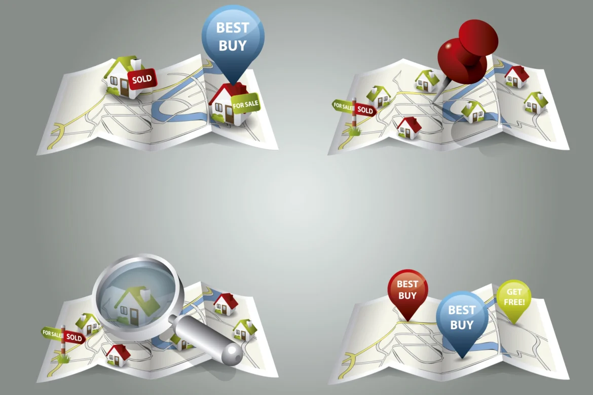 Illustration of various maps marked with houses, pins, and labels such as "FOR SALE," "SOLD," "BEST BUY," and "GET FREE!" along with a magnifying glass and location pins, symbolizing strategic real estate location search and deal identification.