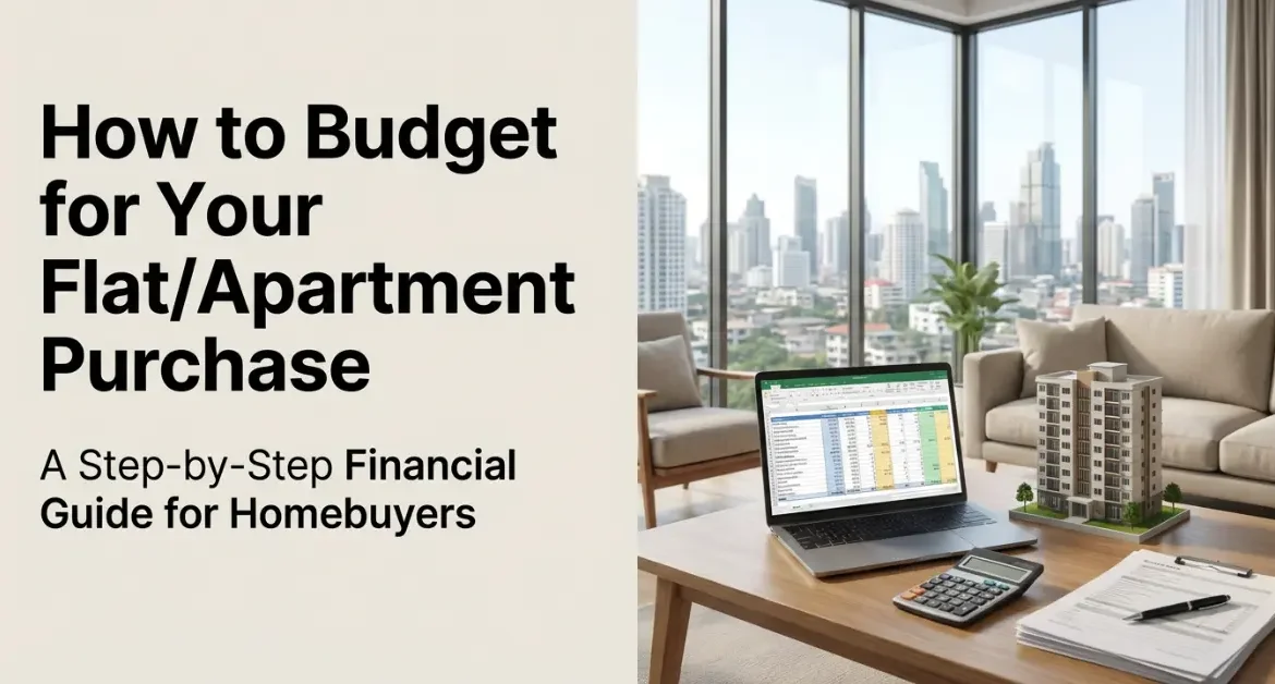 Home budgeting concept showing a laptop with financial spreadsheet, calculator, documents, and a model apartment on a table inside a modern living room, illustrating how to plan finances for buying a flat or apartment.