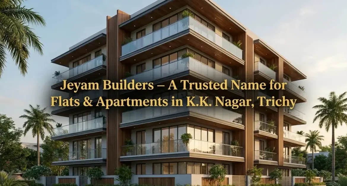 Modern luxury apartment building by Jeyam Builders in K.K. Nagar, Trichy, featuring contemporary architecture, glass balconies, landscaped surroundings, and premium residential design highlighting trusted flats and apartments.
