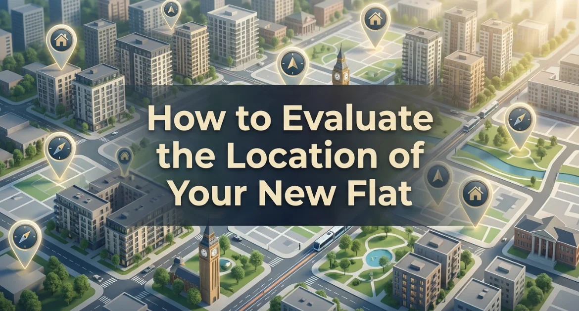Illustrated city map with apartment buildings and location markers, showing key factors to evaluate when choosing the location of a new flat