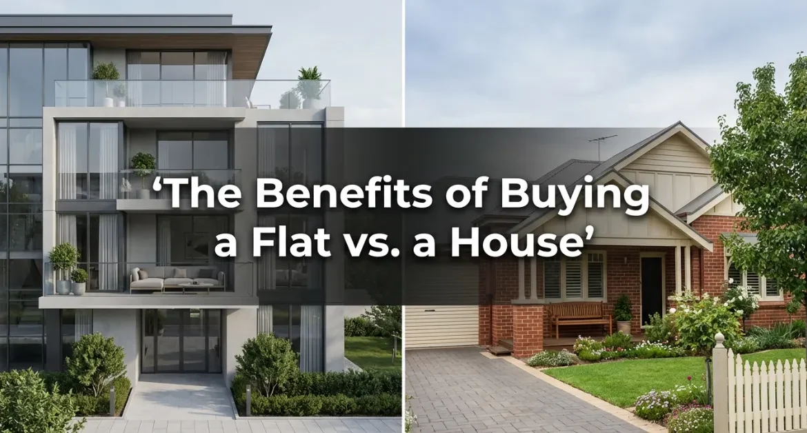 Side-by-side comparison of a modern apartment building and a traditional independent house, illustrating the benefits of buying a flat versus a house