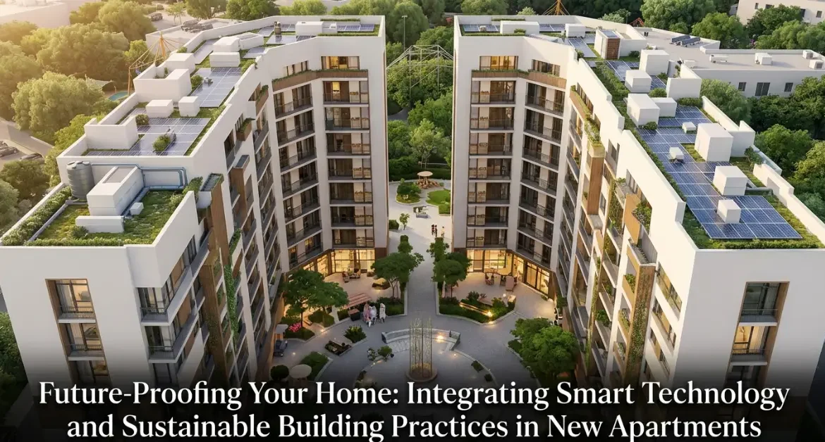 Aerial view of modern apartment buildings with rooftop solar panels, green terraces, and landscaped courtyards, showcasing smart and sustainable residential design