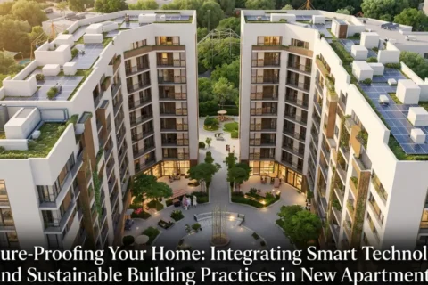 Aerial view of modern apartment buildings with rooftop solar panels, green terraces, and landscaped courtyards, showcasing smart and sustainable residential design