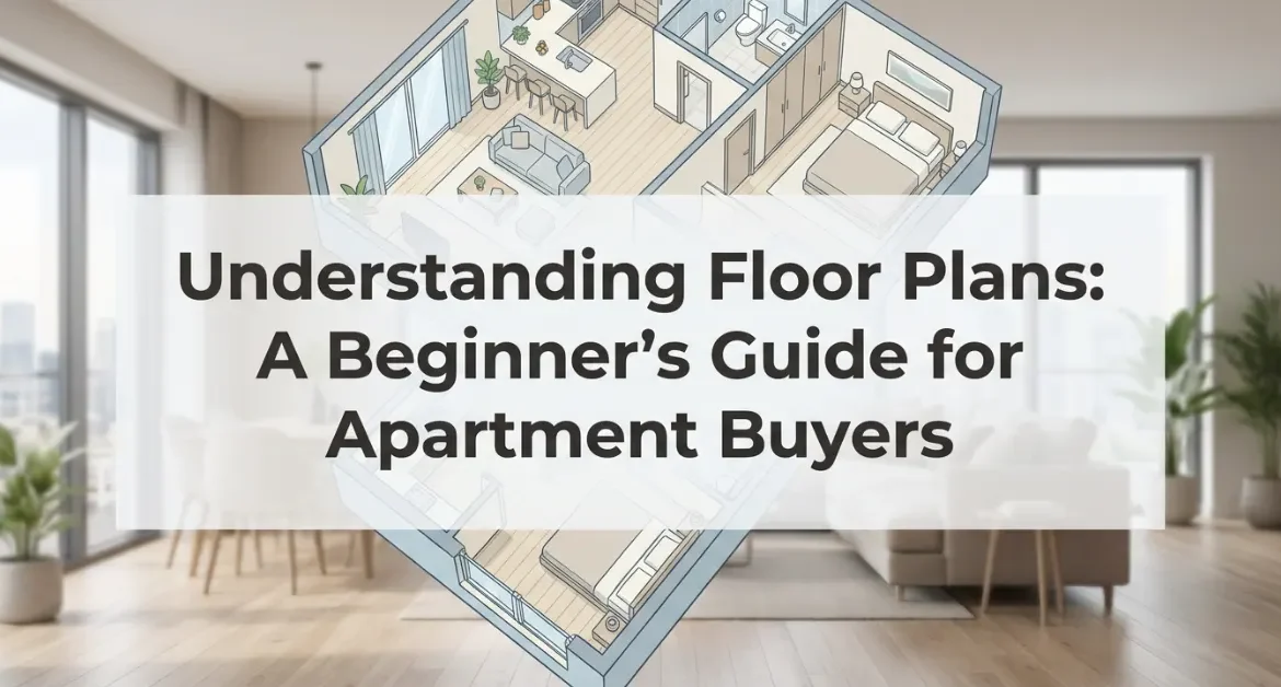 Illustrated apartment floor plan layout over a modern living room background, helping first-time buyers understand apartment floor plans