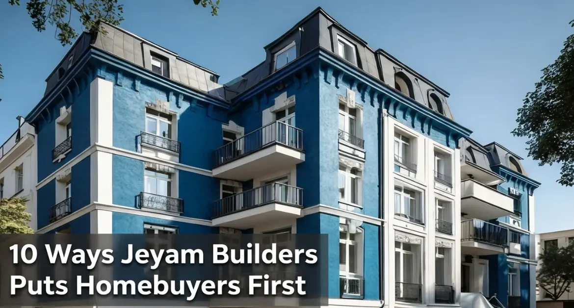 Modern residential apartment building developed by Jeyam Builders, highlighting a homebuyer-focused approach and quality construction