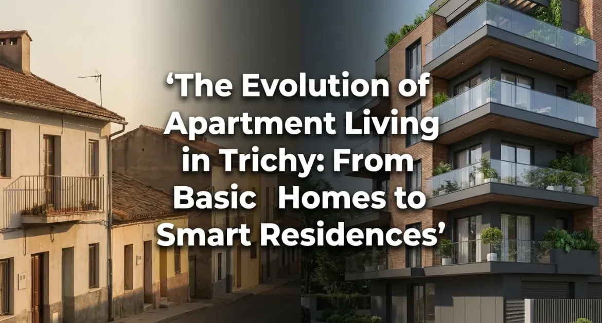 Split view showing old traditional homes and modern smart apartment buildings in Trichy, illustrating the evolution of apartment living