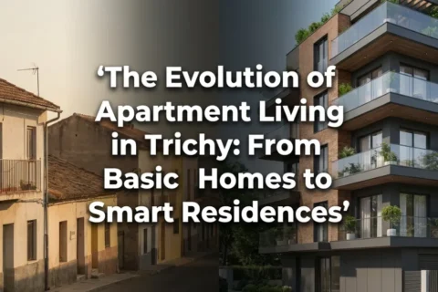 Split view showing old traditional homes and modern smart apartment buildings in Trichy, illustrating the evolution of apartment living
